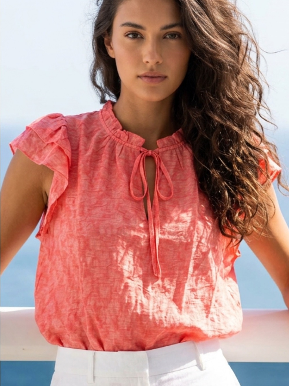 Women’s Coral Ruffle Tie-Neck Blouse
